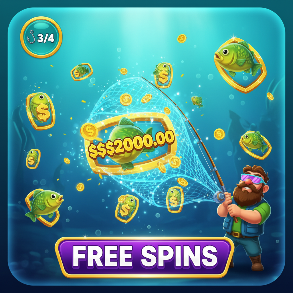 Free spins round showing fisherman collecting money symbols